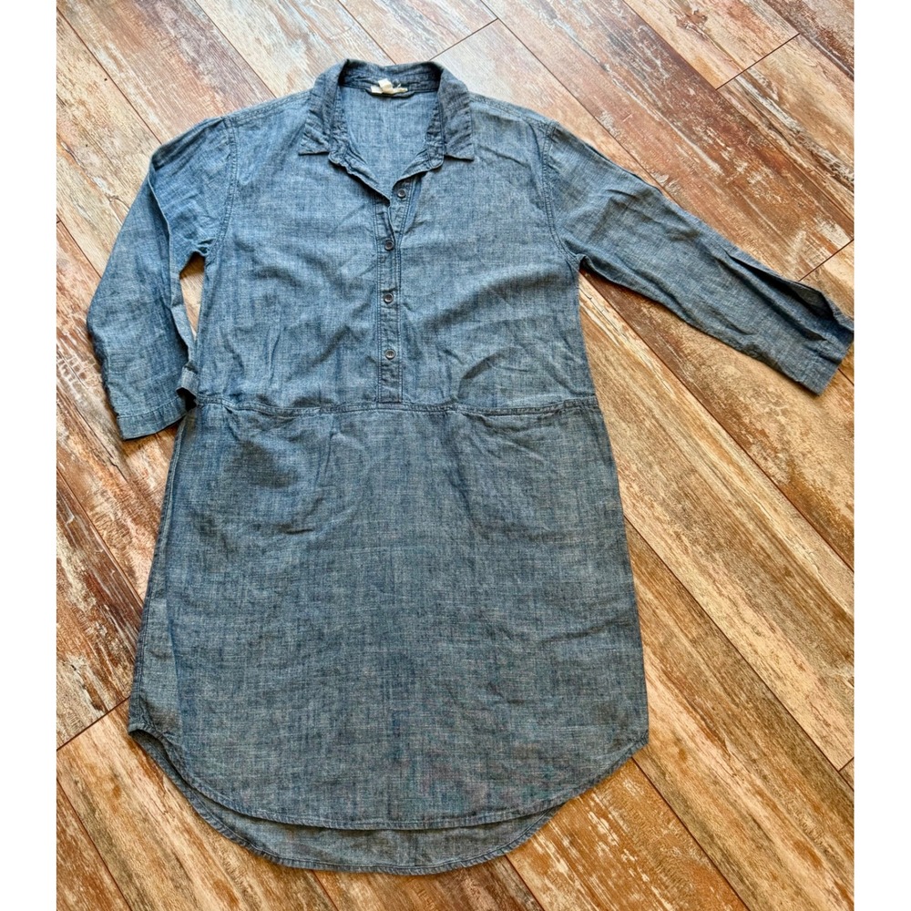 Eileen Fisher Hemp Organic Cotton Chambray Shirt Dress Blue Tunic Pockets XS